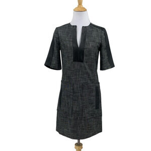 Nanette Lepore Dress Womens 0 Gray Tweed Leather Details Elbow Sleeve Split Neck